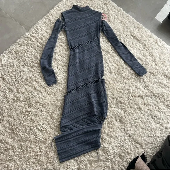 Dion Lee Slate Blue Long Sleeve Crochet Knit High Neck Lace-Up Dress - Picture 6 of 9